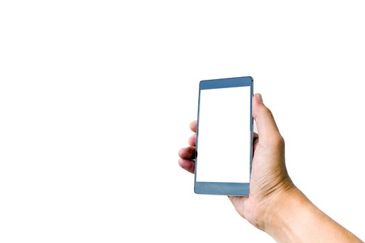 Hand holding smartphone isolated on white background.