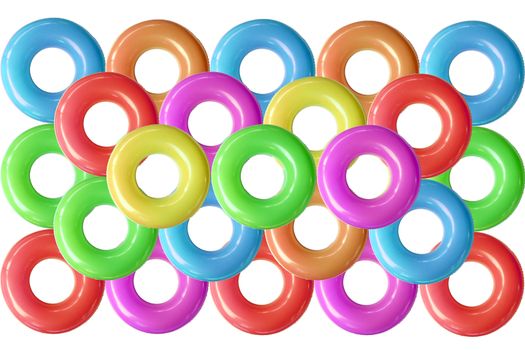Group of colorful  swim rings was derived from the inner tube, the inner, enclosed, inflatable part of older vehicle tires.