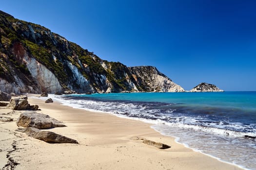 Rocky coast at Petani Bay on the island of Kefalonia in Greece
