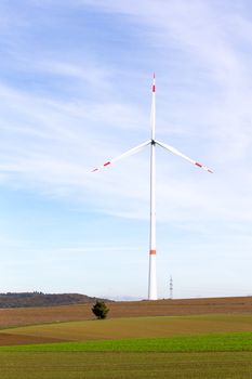 The windmill on a field with blue sky