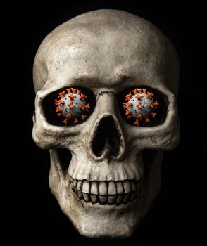 Human skull with coronavirus in place of eyes isolated on a black background. This virus caused global pandemic of COVID-19 disease. Health complication as pneumonia, serious cough and high fever can cause death