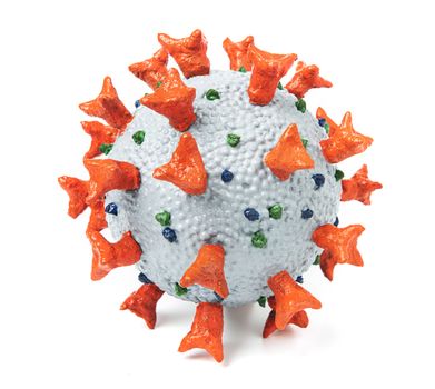 Homemade realistic model of Corona Virus SARS-CoV-2 used as a tool for science education for students in school. Dangerous coronavirus caused global pandemy in COVID-19 respiratory disease. Isolated on white background