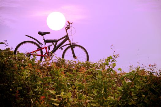 Closeup of the mountain bike with a colorful sky and sunset, vintage tone filter for poster or postcard.