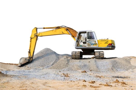 Excavator parked on the mound on white background.