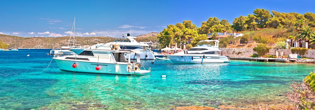 Summer leisure in turquoise bay panoramic view, Pakleni Otoci islands archipelago, Dalmatia region of Croatia