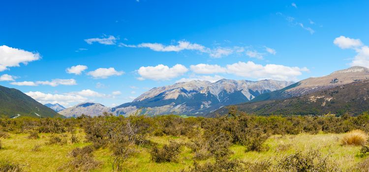 Vivid panoramic photo of mountains at Castle Hill. This area is well known to climbers and people liking bouldering. Kura Tawhiti - as it is called by native Maori is a place of spiritual importance as well. Canterbury, New Zealand