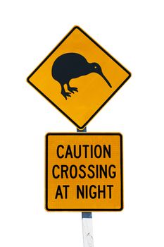 New Zealandian sign of kiwi bird crossing the road at night isolated on white
