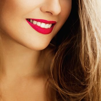 Healthy female smile with perfect natural white teeth, beauty face closeup of smiling young woman, bright lipstick makeup and clean skin for dental and healthcare brands