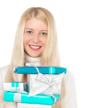 Happy blonde girl with gift boxes in Christmas, woman and presents in winter season for shopping sale and holiday brands