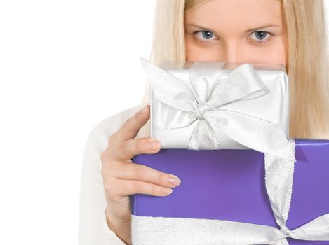 Blonde girl with gift boxes in Christmas, woman and presents in winter season for shopping sale and holiday brands