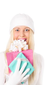 Young blonde girl with gift boxes in Christmas, woman and presents in winter season for shopping sale and holiday brands