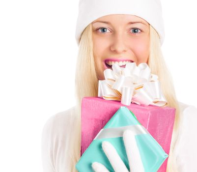 Smiling blonde girl with gift boxes in Christmas, woman and presents in winter season for shopping sale and holiday brands