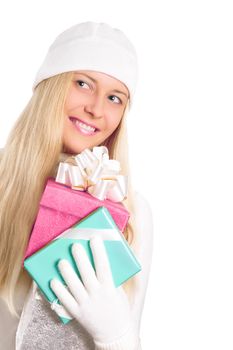 Cheerful blonde girl with gift boxes in Christmas, woman and presents in winter season for shopping sale and holiday brands