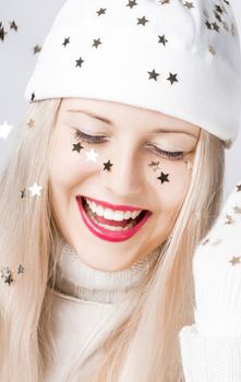 Blonde girl in Christmas time, woman with positive emotion in winter season for shopping sale and holiday brands