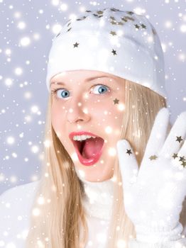 Magical Christmas and glitter snow background, blonde woman with positive emotion in winter season for shopping sale and holiday brands