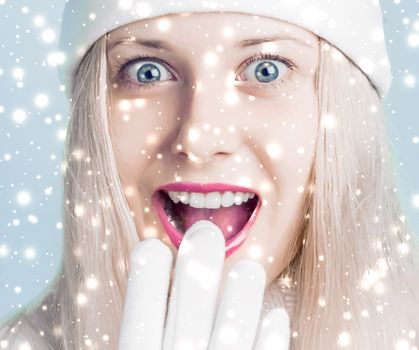Merry Christmas and glitter snow background, blonde woman with positive emotion in winter season for shopping sale and holiday brands