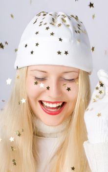 Blonde girl in Christmas time, woman with positive emotion in winter season for shopping sale and holiday brands