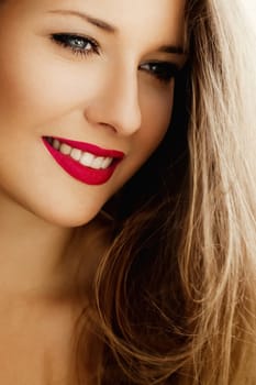 Happy woman smiling, brunette with long light brown hair, girl wearing natural makeup look, female showing healthy white teeth, beauty portrait for cosmetic or lifestyle brands