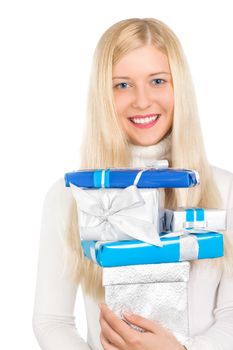 Blonde girl with gift boxes in Christmas, woman and presents in winter season for shopping sale and holiday brands