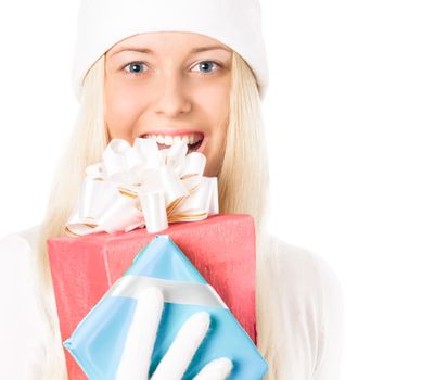 Cheerful blonde girl with gift boxes in Christmas, woman and presents in winter season for shopping sale and holiday brands