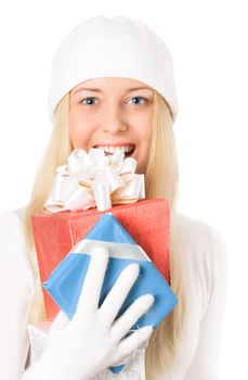 Happy blonde girl with gift boxes in Christmas, woman and presents in winter season for shopping sale and holiday brands