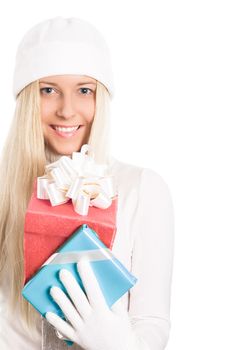 Happy blonde girl with gift boxes in Christmas, woman and presents in winter season for shopping sale and holiday brands