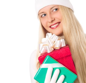 Blonde girl with gift boxes in Christmas, woman and presents in winter season for shopping sale and holiday brands