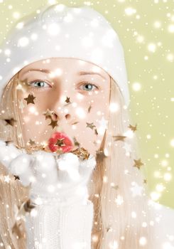 Christmas and glitter snow background, blonde woman with positive emotion in winter season for shopping sale and holiday brands