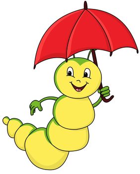 happy cartoon caterpillar with umbrella isolated with white background