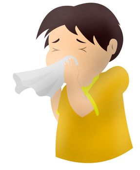 Boy blows his nose with a handkerchief. Baby cooled. Sick teenager wipes his nose. Flat cartoon 2d illustration