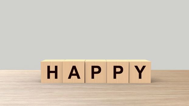 Happy word Wooden cubes on table horizontal over gray light background HD, mock up, template, banner with copy space for text, feel good others friend, be happy moment of joy, 3d render illustration