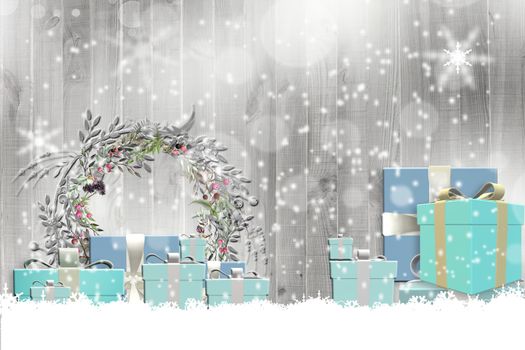 Christmas background with decorations and gift boxes and floral wreath on wooden board with snow and snowflakes, 3D illustration. Place for text