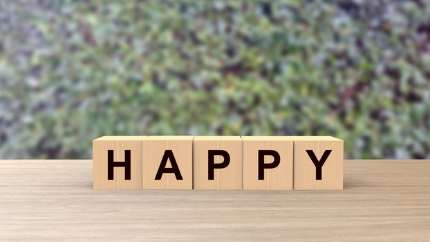 Happy word Wooden cubes on table horizontal over blur background climbing, mock up, template, banner with copy space for text, feel good others friend, be happy moment of joy, 3d render illustration