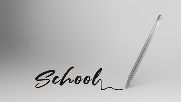 school, school word written with calligraphy with Transparent plastic ball pen on white background, bic, 3d illustration render hd. black pen for note. school supplies for studying, stationery, office