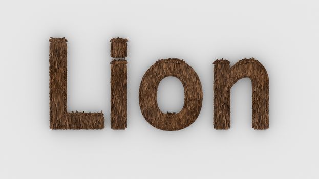 Lion - 3d word brown on white background. render furry letters. design template. African lion and night in Africa. African savannah landscape, king of animals.