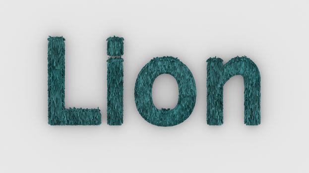 Lion - 3d word azure on white background. render furry letters. design template. African lion and night in Africa. African savannah landscape, king of animals.