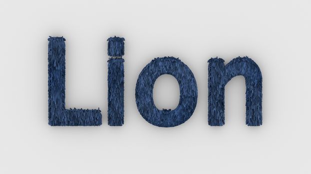 Lion - 3d word blue on white background. render furry letters. design template. African lion and night in Africa. African savannah landscape, king of animals.