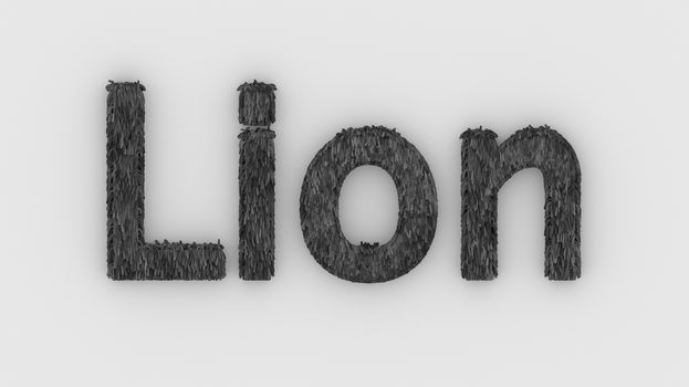 Lion - 3d word gray on white background. render furry letters. design template. African lion and night in Africa. African savannah landscape, king of animals.