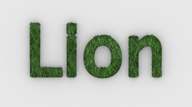 Lion - 3d word green on white background. render furry letters. design template. African lion and night in Africa. African savannah landscape, king of animals.