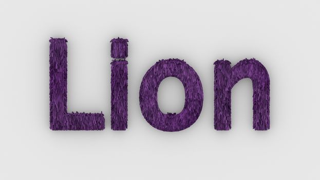 Lion - 3d word purple on white background. render furry letters. design template. African lion and night in Africa. African savannah landscape, king of animals.