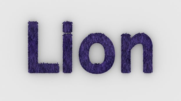 Lion - 3d word violet on white background. render furry letters. design template. African lion and night in Africa. African savannah landscape, king of animals.
