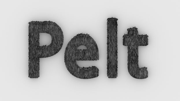 Pelt - gray word 3d isolated on white background realistic render of furry letters illustration. natural combination fur. fur pelt. animal fur. dog, cat, bear, tiger, wolf, beast, livestock. animals