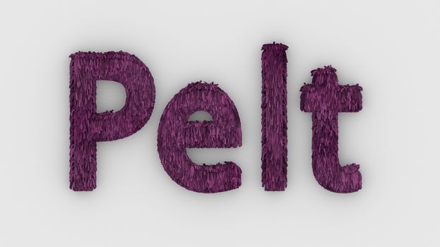 Pelt - pink word 3d isolated on white background realistic render of furry letters illustration. natural combination fur. fur pelt. animal fur. dog, cat, bear, tiger, wolf, beast, livestock. animals