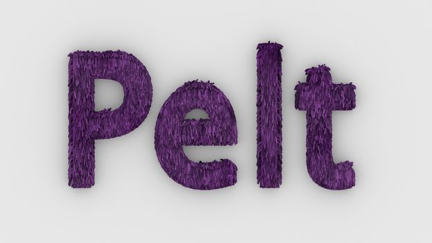 Pelt - purple word 3d isolated on white background realistic render of furry letters illustration. natural combination fur. fur pelt. animal fur. dog, cat, bear, tiger, wolf, beast, livestock. animals