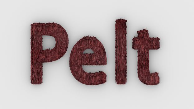 Pelt - red word 3d isolated on white background realistic render of furry letters illustration. natural combination fur. fur pelt. animal fur. dog, cat, bear, tiger, wolf, beast, livestock. animals