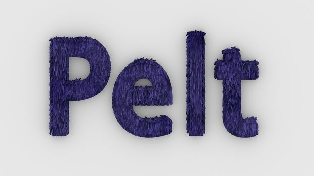 Pelt - violet word 3d isolated on white background realistic render of furry letters illustration. natural combination fur. fur pelt. animal fur. dog, cat, bear, tiger, wolf, beast, livestock. animals