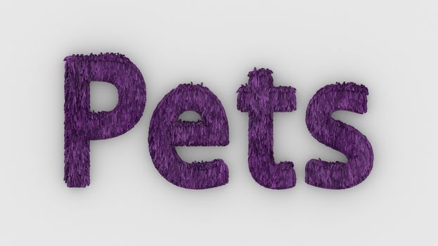 Pets - 3d word purple on white background. render of furry letters. pets fur. Pet shop, pet house, pet care emblem logo design template. Veterinary clinics and animal shelters homeless illustration