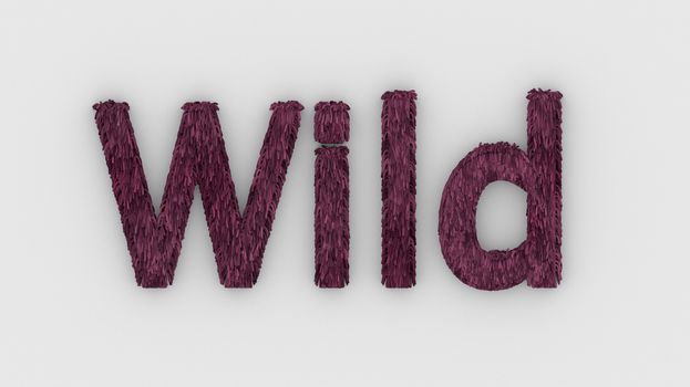 Wild - 3d word pink on white background. render furry letters. hair. wilds fur. emblem logo design template. wild animals, feeling and relationships. beasts of nature