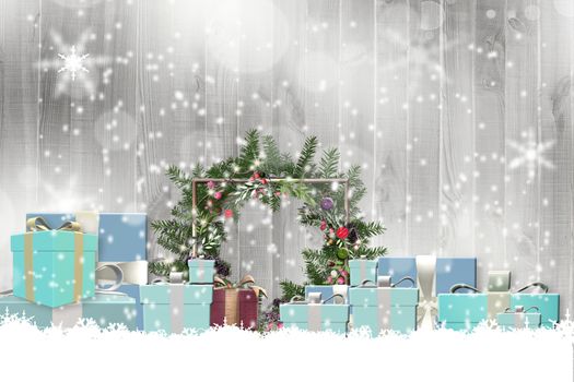 Christmas banner with set of turquoise blue Christmas boxes, floral wreath with fir branches on wooden background with snow and snowflakes. 3D illustration, Place for text.