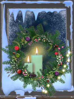 Frosted window with Christmas decoration. Candles, floral wreath with balls and fir branches. 3d Illustration
